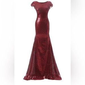 Size 16, wine, sequined, v neck, low back, mermaid bridesmaids/ prom dress